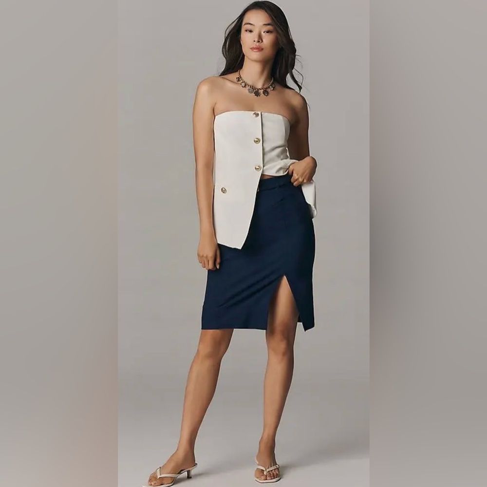 By Anthropologie Navy Blue Belted Pencil Skirt: Magic Fabric Edition Small NWT